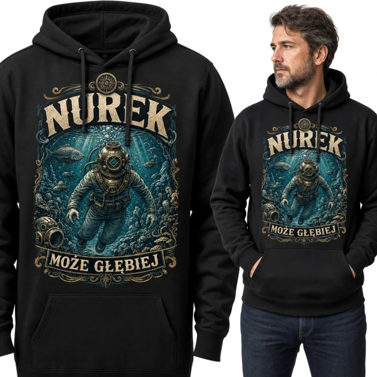 Bluza męska z kapturem „Nurek może głębiej” - nurek w hełmie dla miłośnika nurkowania