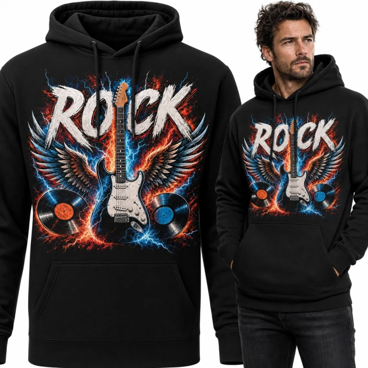 Bluza męska z kapturem „Rock” - gitara elektryczna ze skrzydłami i winylami