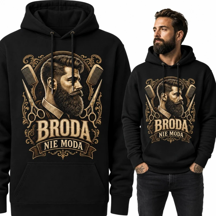 Bluza męska z kapturem - „Broda nie moda” z portretem brodacza w stylu barber shop