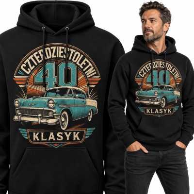 Bluza męska z kapturem „Czterdziestoletni 40 klasyk” na 40 urodziny - retro samochód