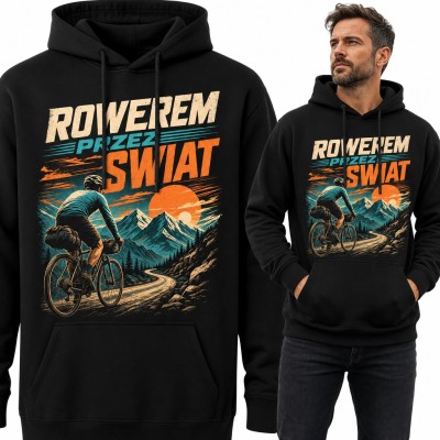 Bluza męska z kapturem „Rowerem przez swiat” - rowerzysta z sakwami w górach