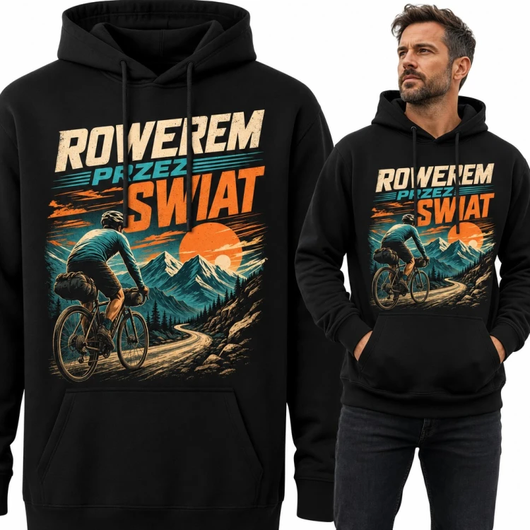Bluza męska z kapturem „Rowerem przez swiat” - rowerzysta z sakwami w górach