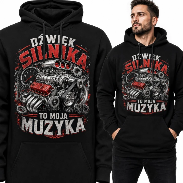 Bluza męska z kapturem - „Dźwięk silnika to moja muzyka” z silnikiem V8