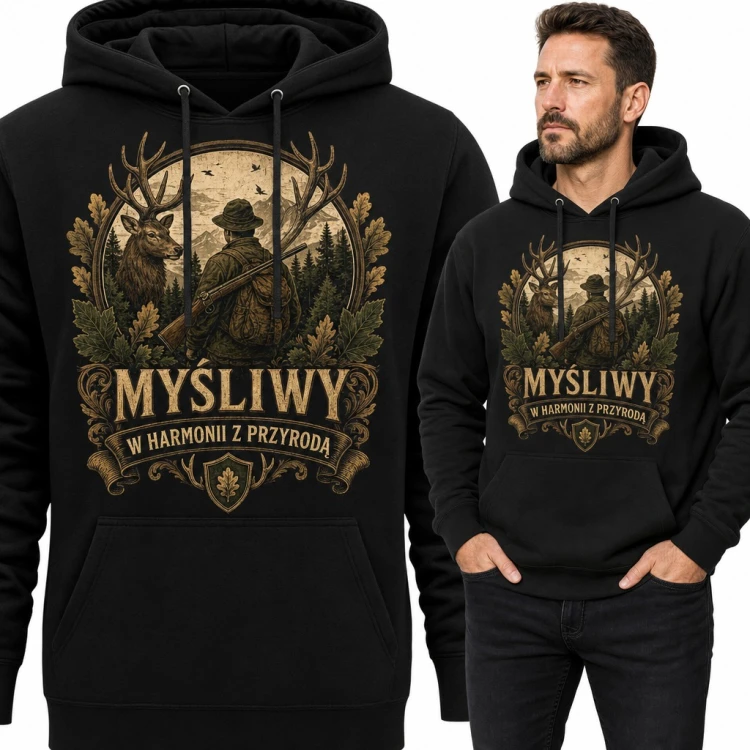 Bluza męska z kapturem - „Myśliwy w harmonii z przyrodą” z jeleniem i strzelbą dla myśliwego