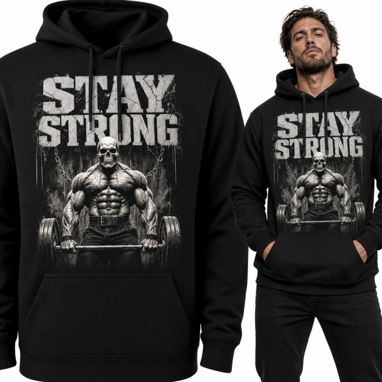 Bluza męska z kapturem „Stay strong” - kulturysta z czaszką i sztangą dla fana siłowni