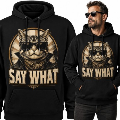 Bluza męska z kapturem - pręgowany kot w okularach i skórzanej kurtce „Say what” retro