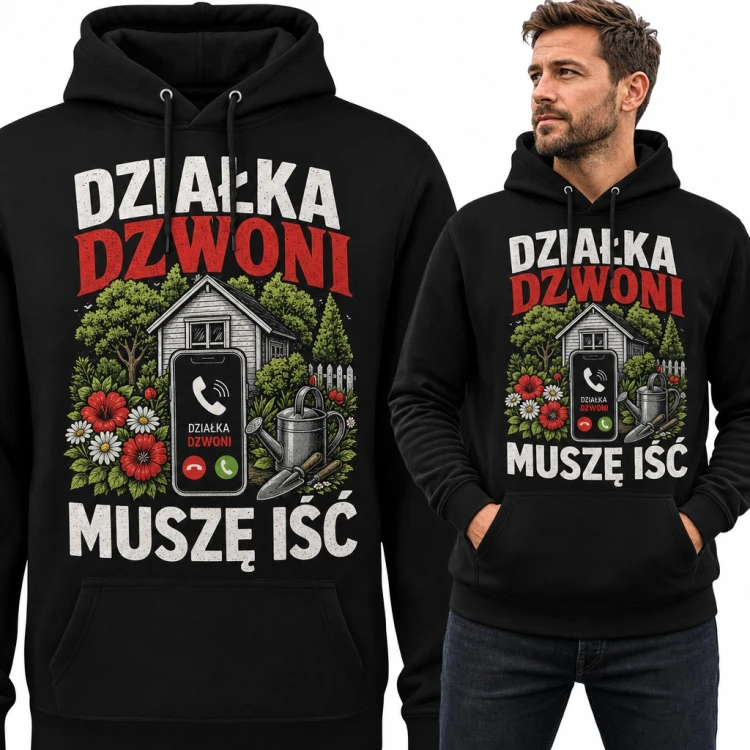 Bluza męska z kapturem „Działka dzwoni, muszę iść” - dla działkowca z altanką i konewką