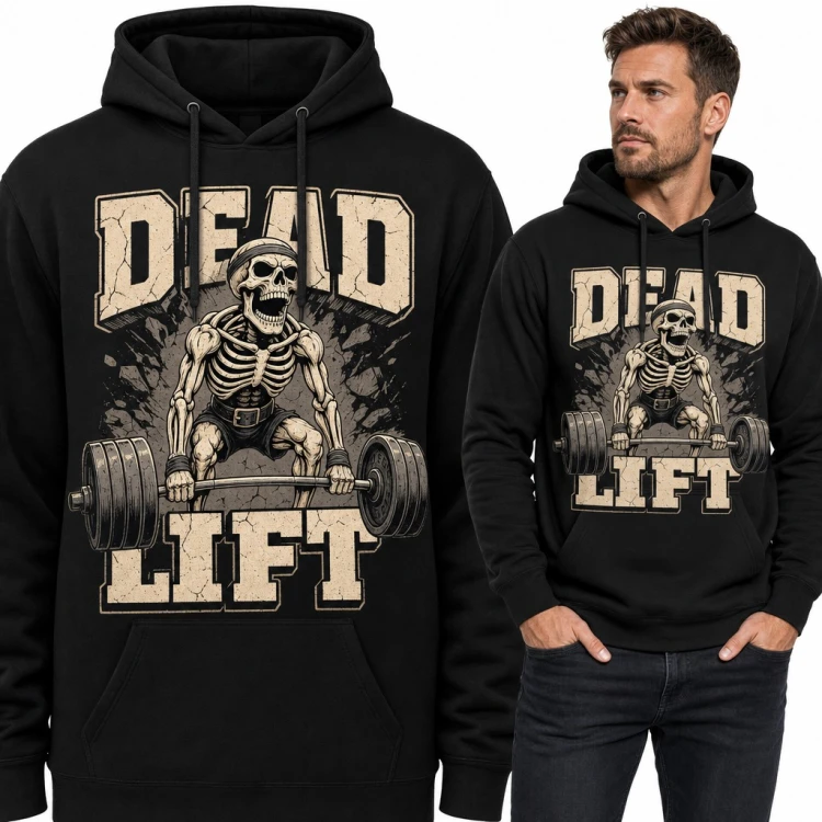 Bluza męska z kapturem - szkielet ze sztangą „Dead lift” dla trójboisty