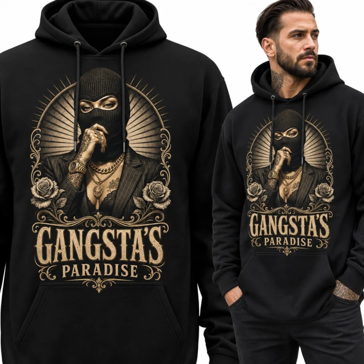 Bluza męska z kapturem „Gangsta's Paradise” - kobieta w kominiarce i róże