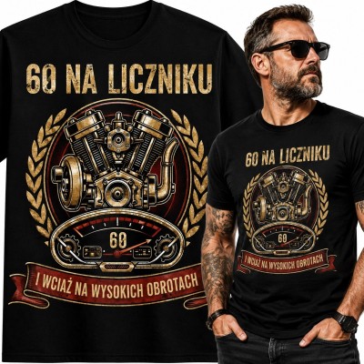 Koszulka męska na 60 urodziny z silnikiem V - „60 na liczniku”