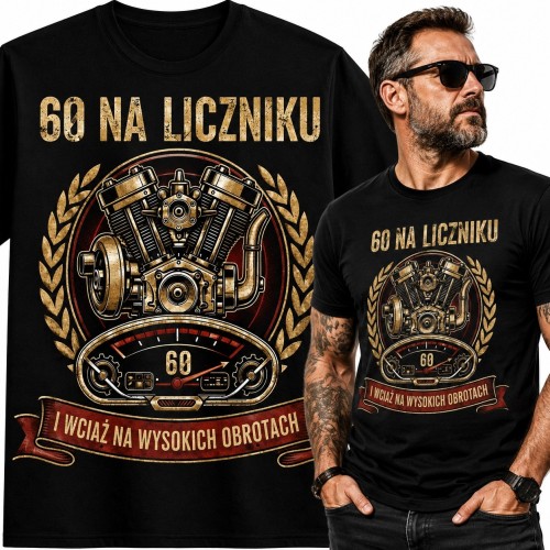 Koszulka męska na 60 urodziny z silnikiem V - „60 na liczniku”