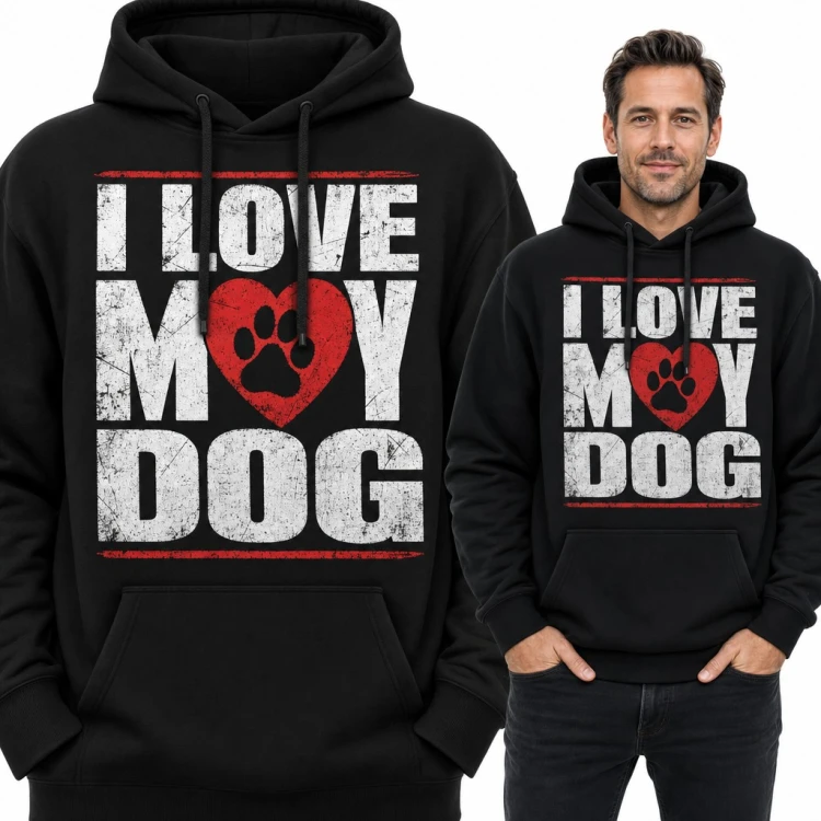 Bluza męska z kapturem „I love my dog” z sercem i psią łapą