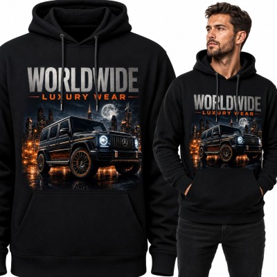 Bluza męska z kapturem „Worldwide Luxury Wear” - czarny SUV terenowy w nocnym mieście