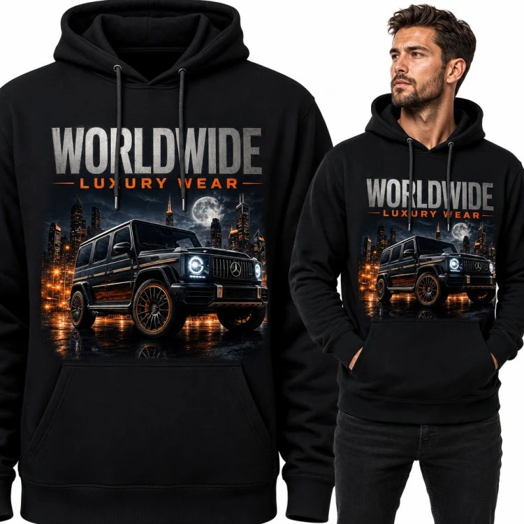 Bluza męska z kapturem „Worldwide Luxury Wear” - czarny SUV terenowy w nocnym mieście