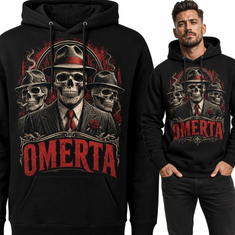 Bluza męska z kapturem - trzy czaszki mafiosów w kapeluszach „Omerta”