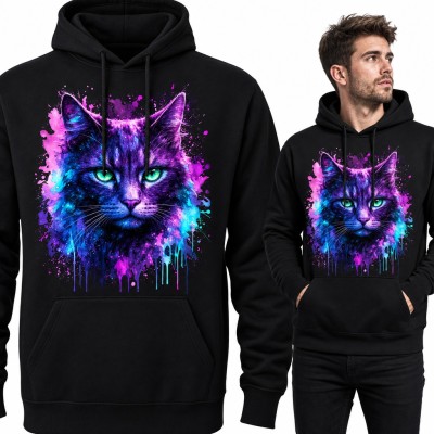 Bluza męska z kapturem - neonowy kot w akwarelowych plamach farby