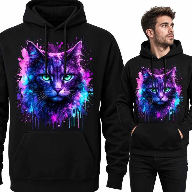 Bluza męska z kapturem - neonowy kot w akwarelowych plamach farby