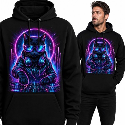 Bluza męska z kapturem - neonowy kot DJ przy konsoli dla DJ-a