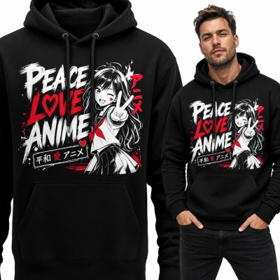 Bluza męska z kapturem „Peace Love Anime” - dziewczyna w stylu manga ze znakiem pokoju