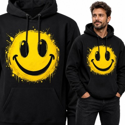 Bluza męska z kapturem - żółty smiley w stylu graffiti z rozbryzgami farby