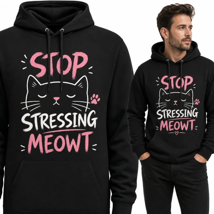 Bluza męska z kapturem - śpiący kot i napis „Stop stressing meowt” dla kociarza