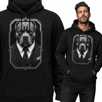 Bluza męska z kapturem - pitbull w garniturze w ramce art deco
