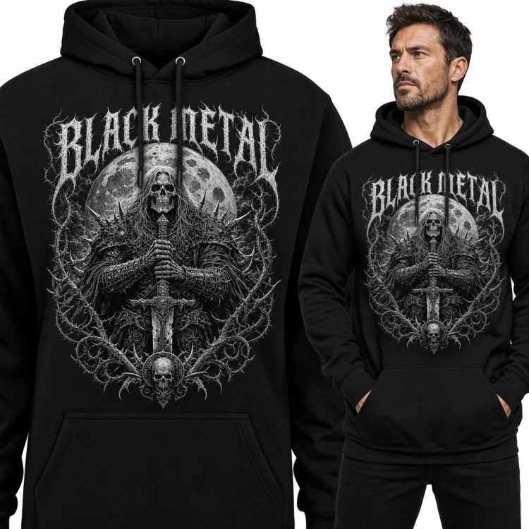 Bluza męska z kapturem - „Black Metal” szkielet rycerza z mieczem i księżycem
