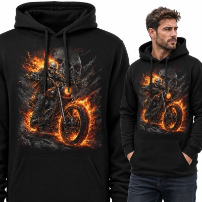 Bluza męska z kapturem - płonący szkielet na chopperze z czaszką w tle dla motocyklisty
