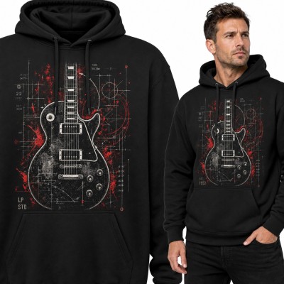 Bluza męska z kapturem - gitara elektryczna jak rysunek techniczny dla gitarzysty