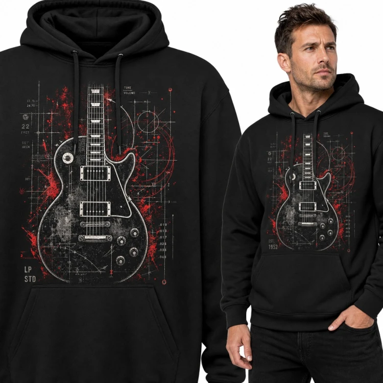 Bluza męska z kapturem - gitara elektryczna jak rysunek techniczny dla gitarzysty