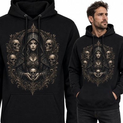 Bluza męska z kapturem - gotycka wiedźma z czaszką wśród barokowych ornamentów
