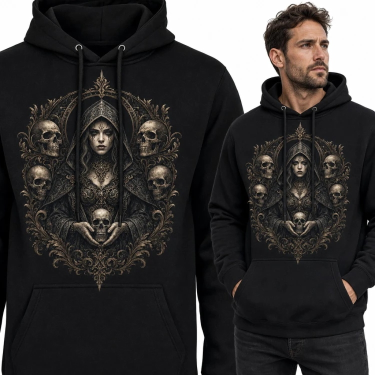 Bluza męska z kapturem - gotycka wiedźma z czaszką wśród barokowych ornamentów