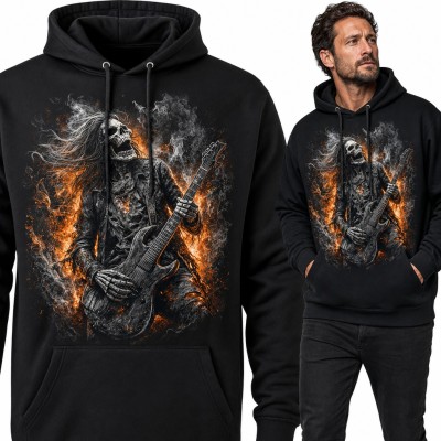 Bluza męska z kapturem - szkielet gitarzysta w płomieniach dla fana metalu
