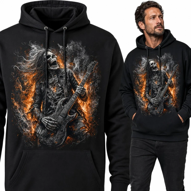 Bluza męska z kapturem - szkielet gitarzysta w płomieniach dla fana metalu