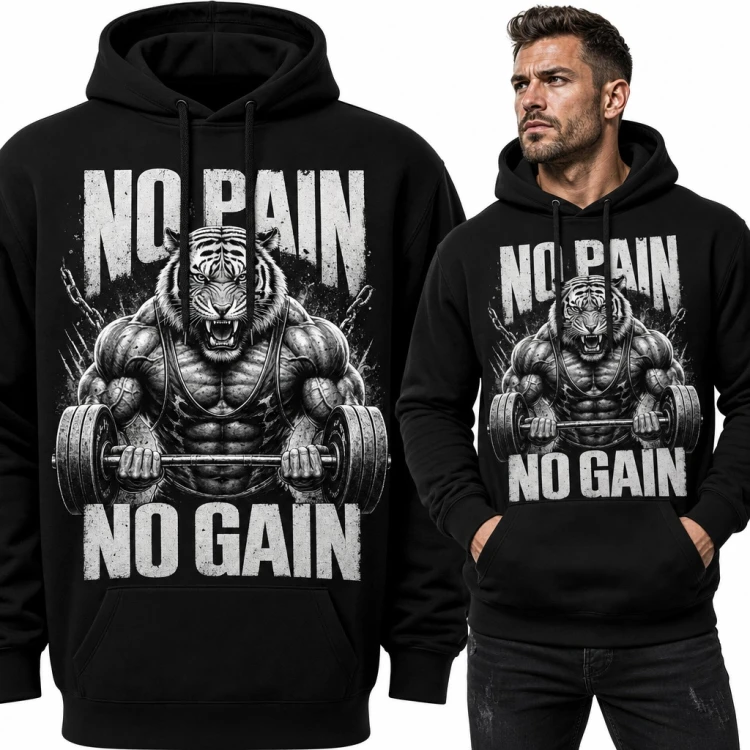 Bluza męska z kapturem - tygrys kulturysta ze sztangą „No pain no gain” dla bywalca siłowni