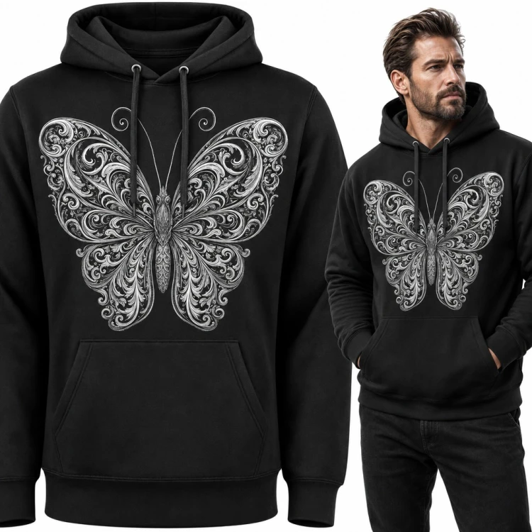 Bluza męska z kapturem - filigranowy motyl z barokowych zawijasów