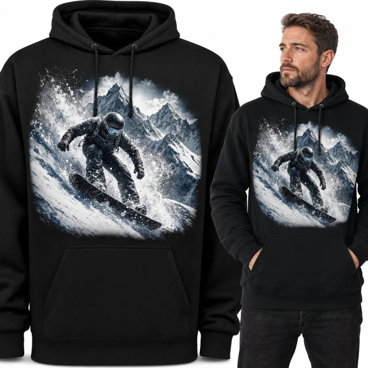 Bluza męska z kapturem - snowboardzista na górskim stoku dla fana snowboardu