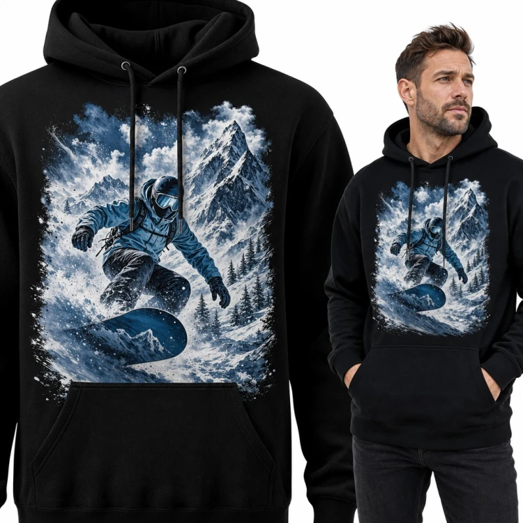 Bluza męska z kapturem - snowboardzista w śnieżnym puchu na tle gór