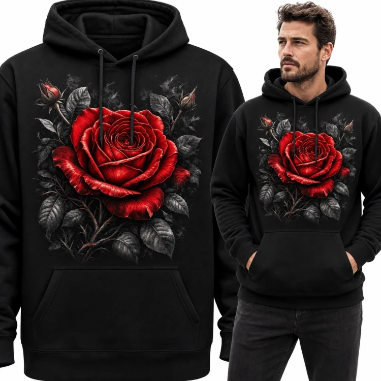 Bluza męska z kapturem - czerwona róża z pąkami i cierniami