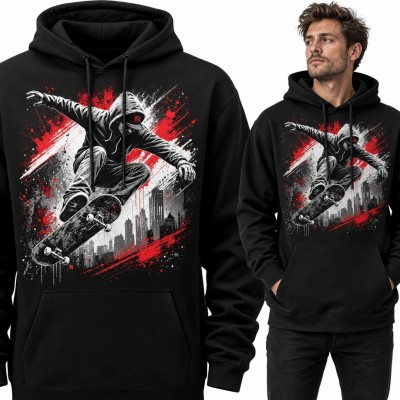 Bluza męska z kapturem - skater w skoku na deskorolce na tle miasta