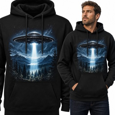 Bluza męska z kapturem - UFO nad leśną doliną i górami