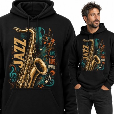 Bluza męska z kapturem - „Jazz” ze złotym saksofonem i hasłem Live Love Improvise