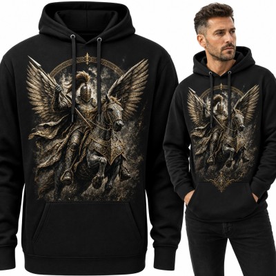 Bluza męska z kapturem - skrzydlaty rycerz z kopią na szarżującym koniu