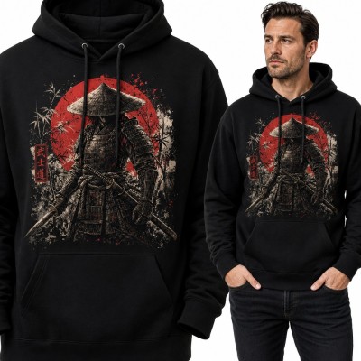 Bluza męska z kapturem - samuraj z kataną na tle czerwonego słońca Bushido