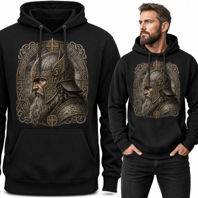Bluza męska z kapturem - wiking w skrzydlatym hełmie w celtyckiej ramie