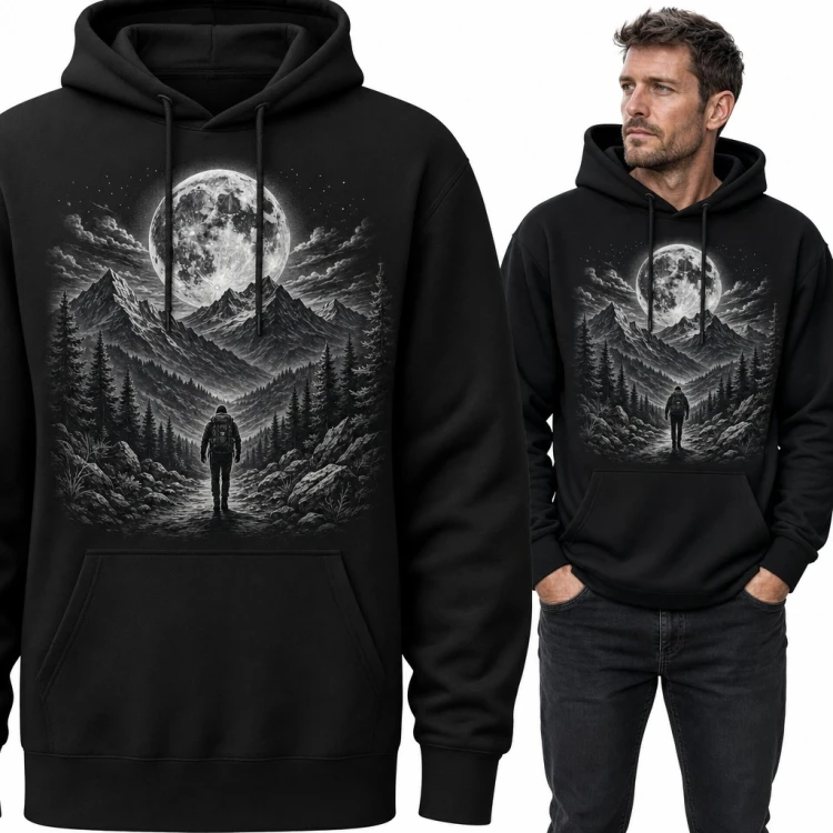 Bluza męska z kapturem - wędrowiec na górskim szlaku pod pełnią księżyca