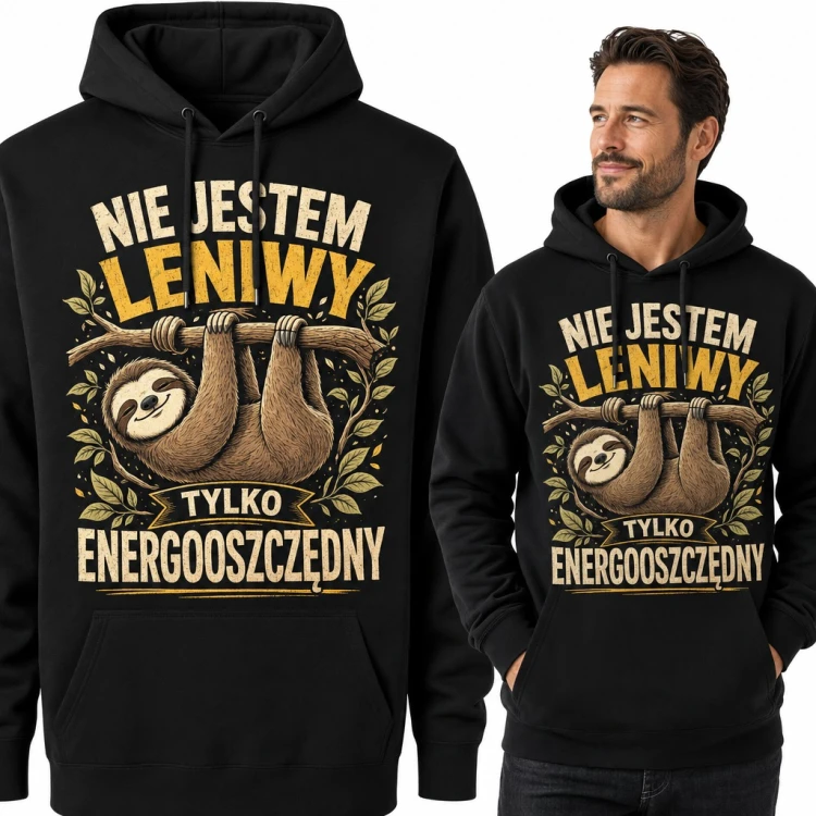 Bluza męska z kapturem - leniwiec na gałęzi „Nie jestem leniwy tylko energooszczędny”