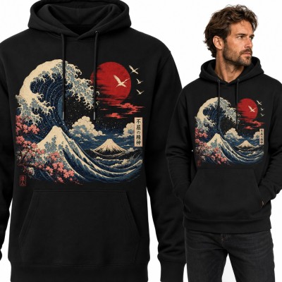 Bluza męska z kapturem - wielka fala Kanagawa, góra Fuji i napis „不屈の精神”