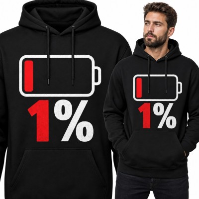 Bluza męska z kapturem - rozładowana bateria „1%” dla zmęczonego faceta