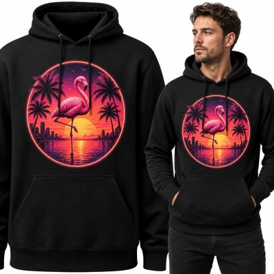 Bluza męska z kapturem - neonowy flaming wśród palm o zachodzie słońca